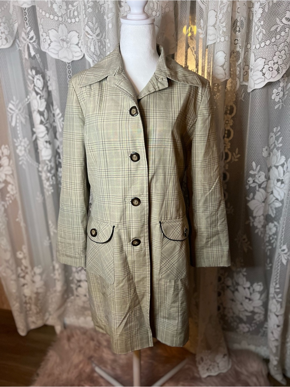 Jessica Light Beige Plaid Single-Breasted Trench Coat